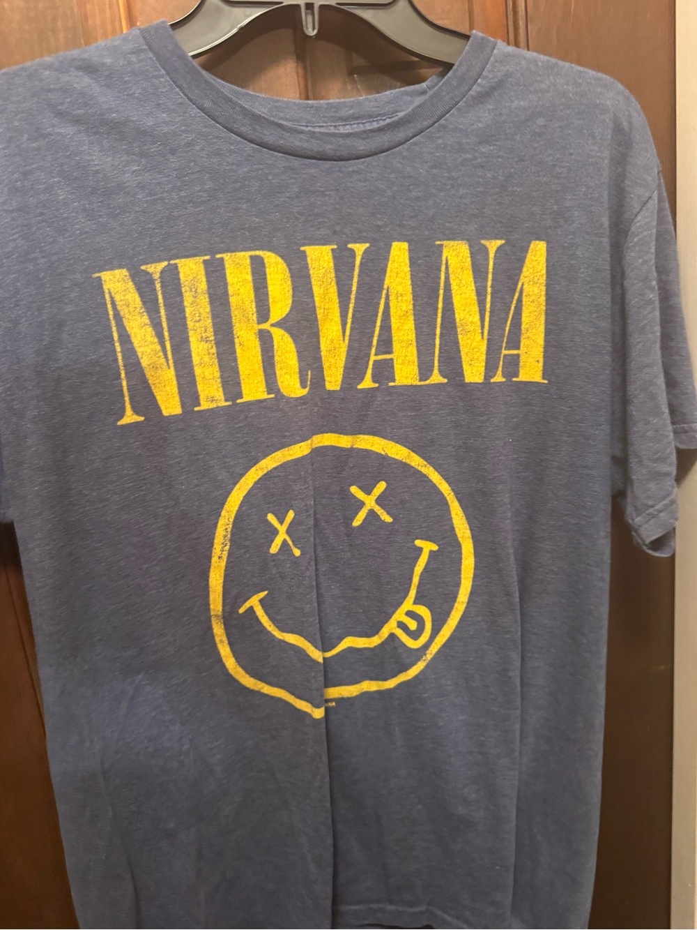Men’s Large Nirvana Logo Tee in Yellow on Heather Blue